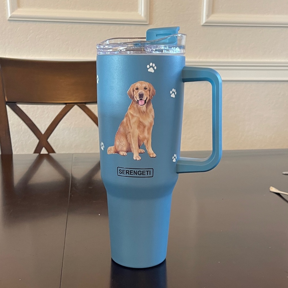 Serengeti Blue is Dog Tumbler with Handle. Golden Retriever